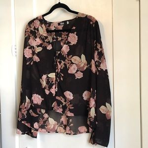 Adorable Guild black floral lace up blouse L